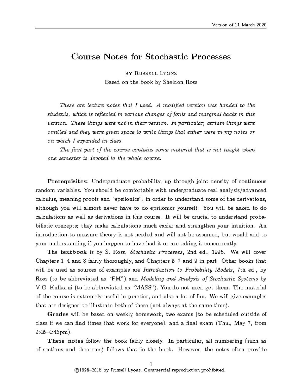 Course Notes for Stochastic Processes - A modified version was handed ...