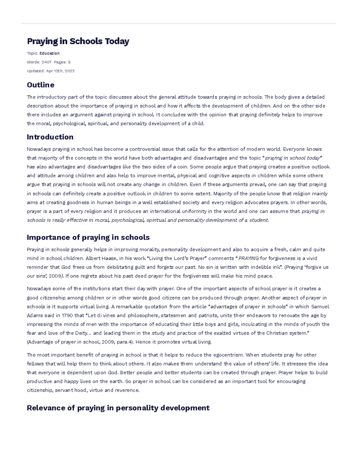 Praying in Schools Today Free Essay Example - Praying in Schools Today ...