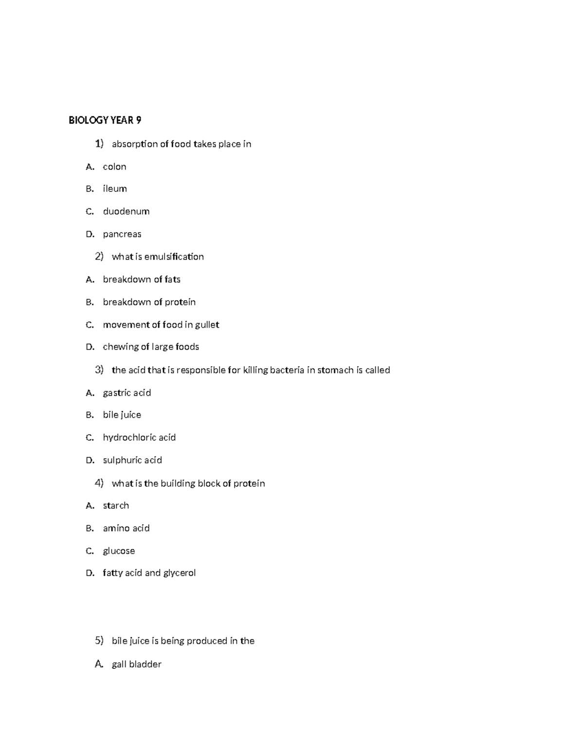 Biology EXAM YEAR 9 - random paper - BIOLOGY YEAR 9 1) absorption of ...