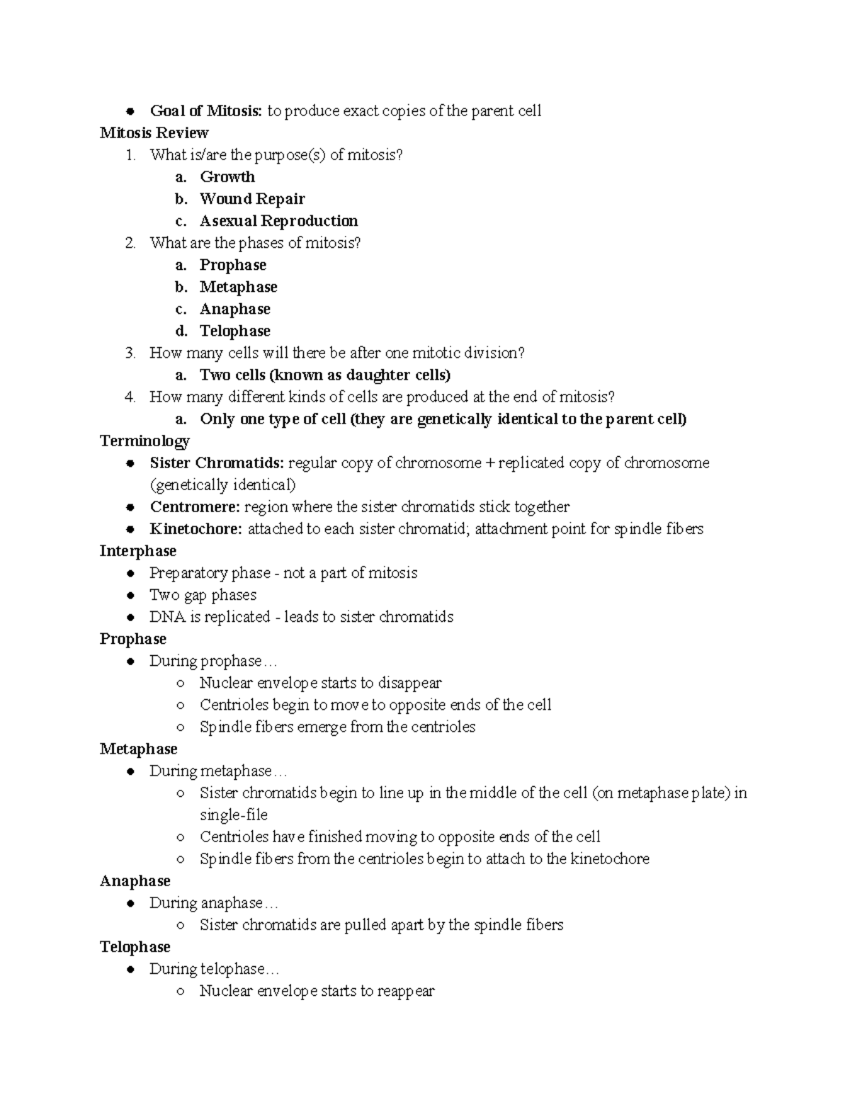Mitosis Lecture - Notes and practice problems from class - Goal of ...