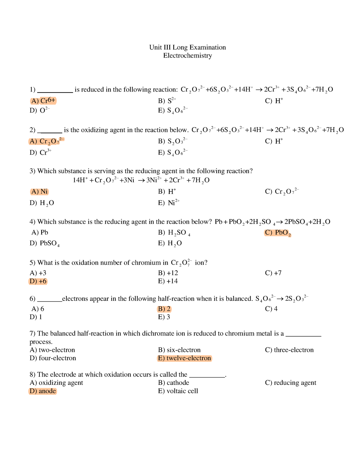 Electrochemistryexam-answers - Unit III Long Examination ...