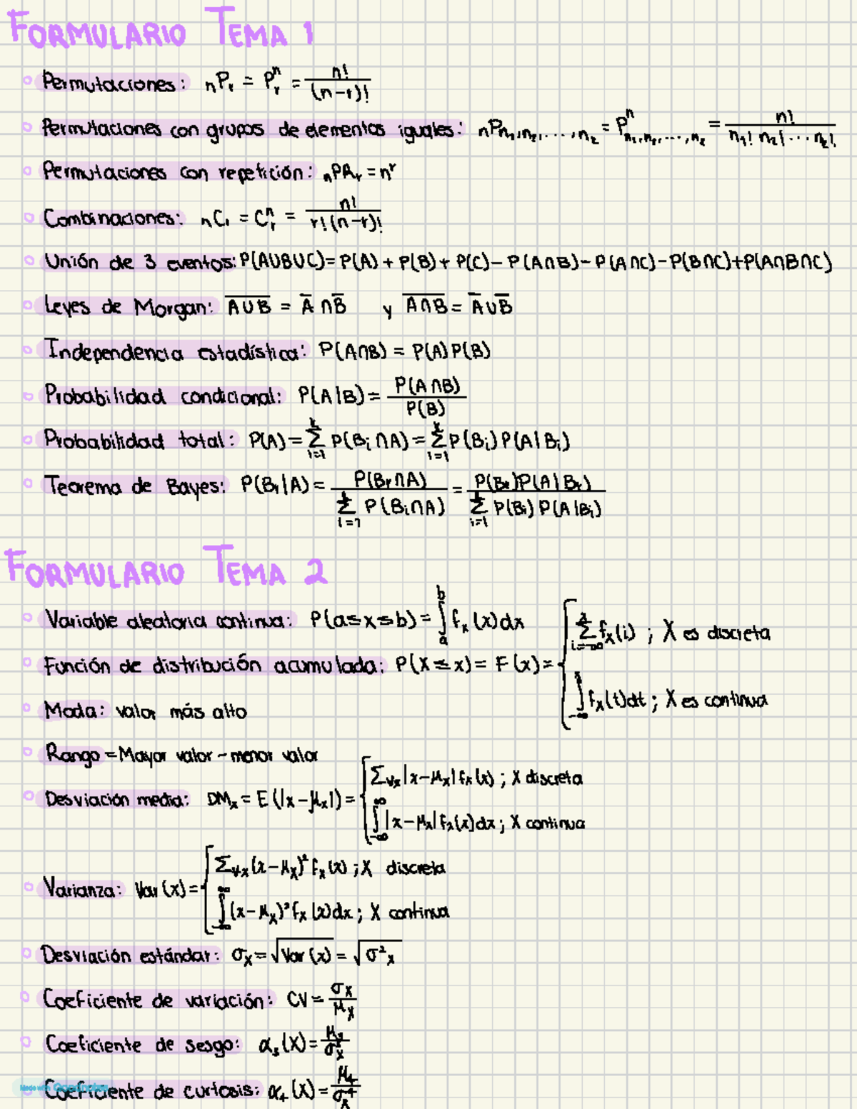 formulario tema 1 y 2 proba - FORMULARIO TEMA I · Permutaciones : nPr ...