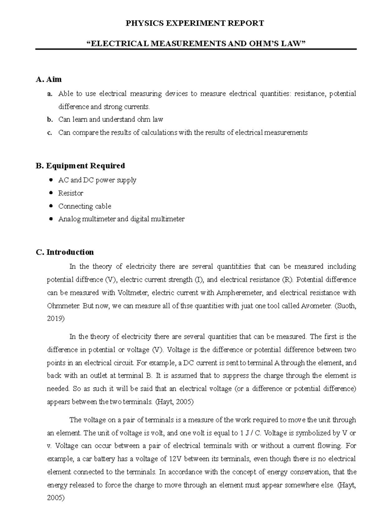 Physics experiment report Electrical Measurements AND OHM PHYSICS