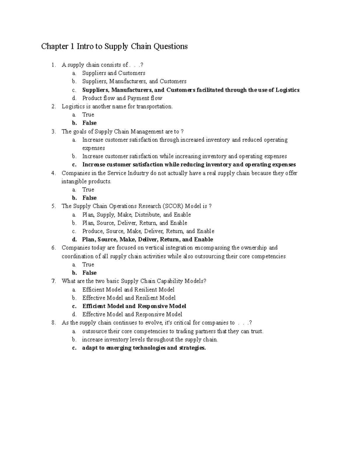 Chapter One Intro to Supply Chain Questions . .? a. Suppliers and