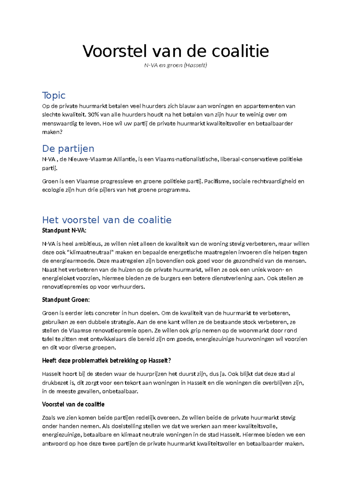 Voorstel van de coalitie P&B - Voorstel van de coalitie N-VA en groen ...