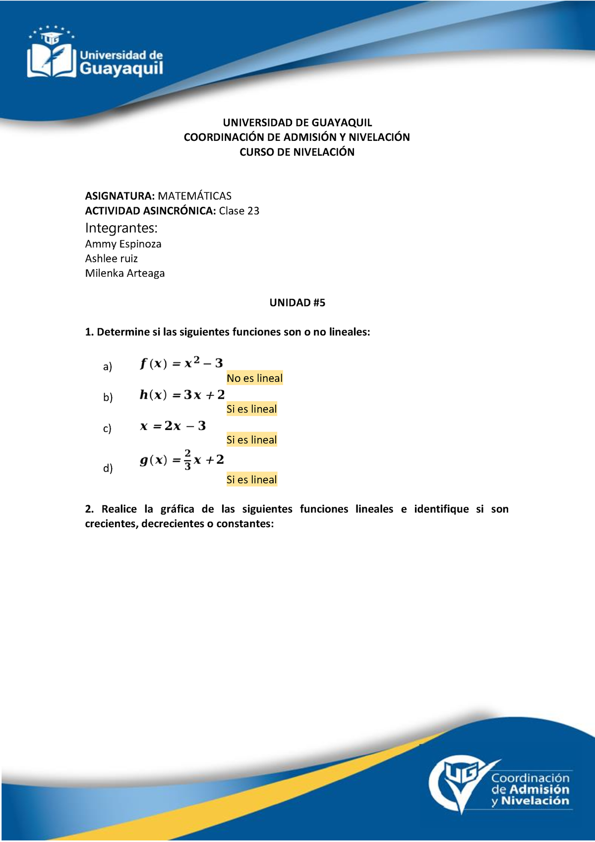 Tarea-U5- Clase 23- S7 - ....... - UNIVERSIDAD DE GUAYAQUIL COORDINACI ...