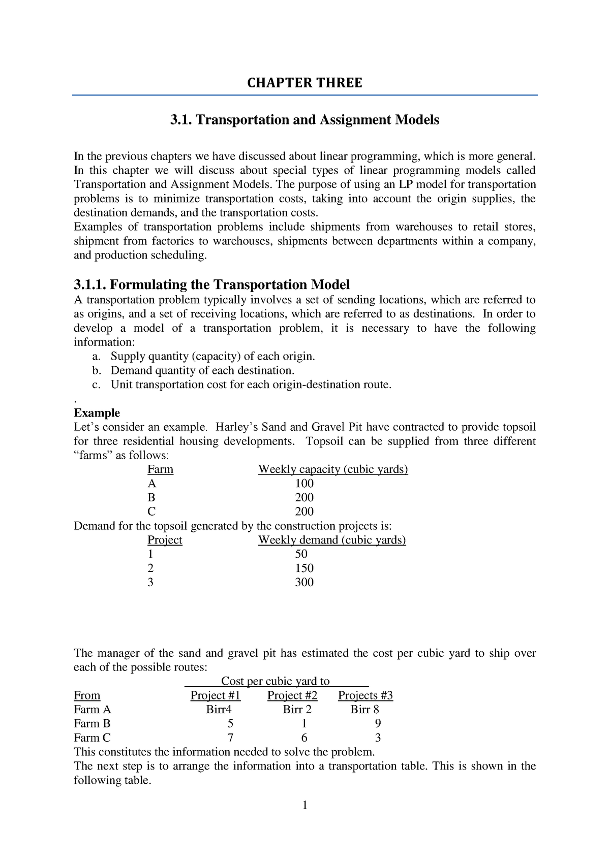 chapter 3 transportation and assignment problem