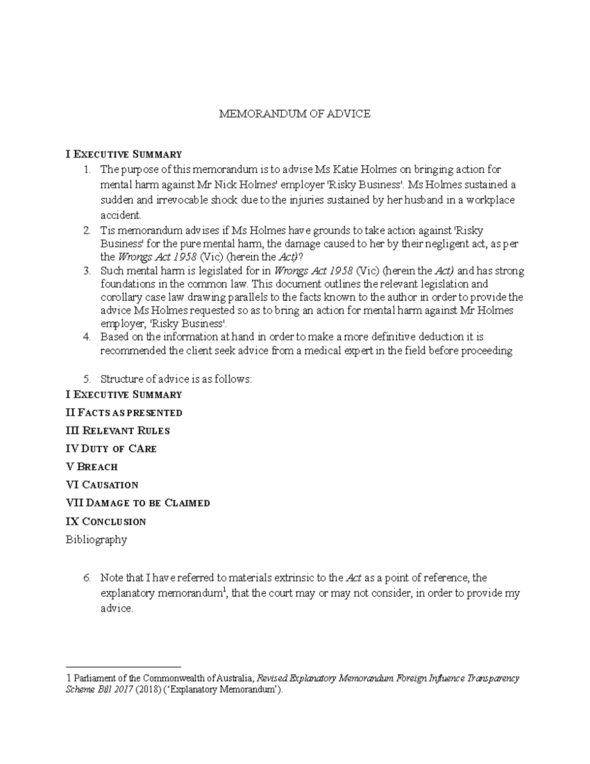 Memorandum of Advice MEMORANDUM OF ADVICE I EXECUTIVE SUMMARY The