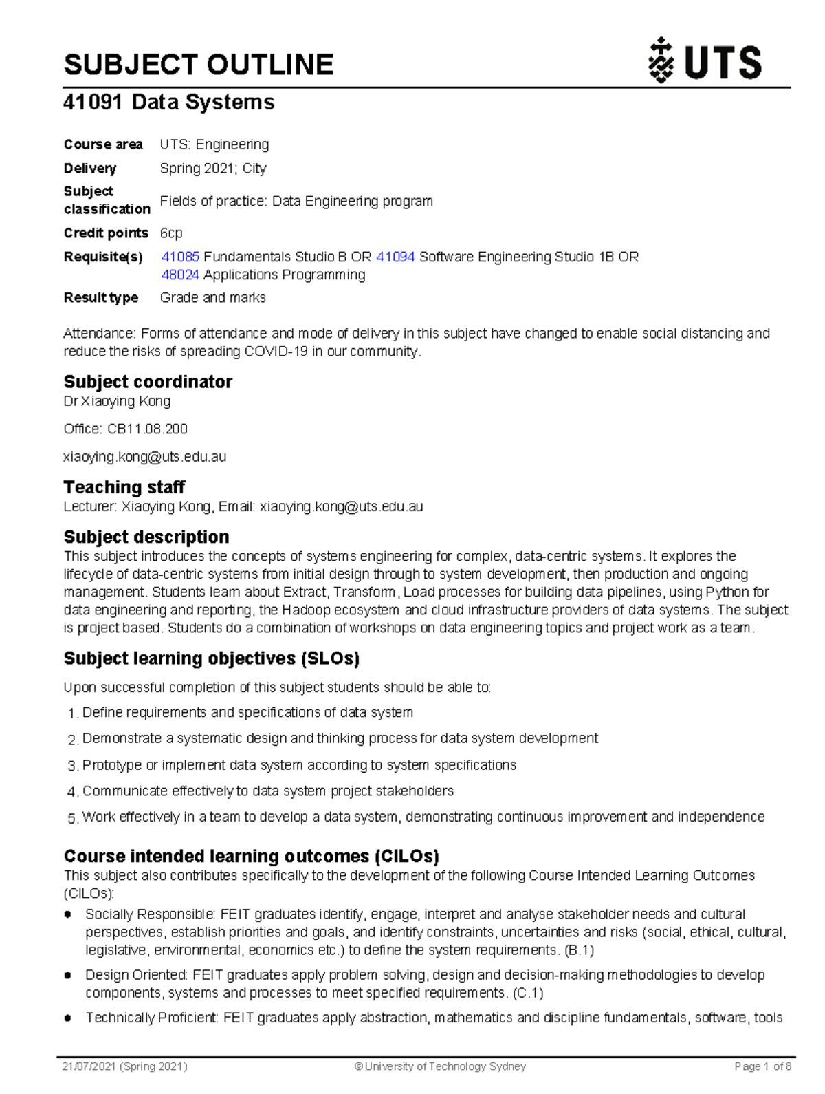 Subject Outline - SUBJECT OUTLINE 41091 Data Systems Attendance: Forms ...