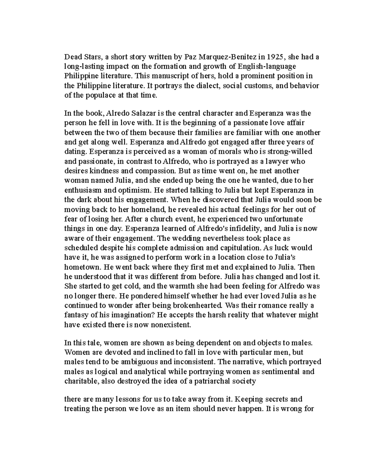 Marxism in a society - Dead Stars, a short story written by Paz Marquez ...