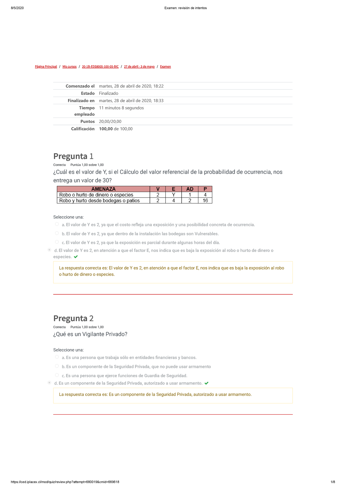 Examen Estudios DE Seguridad - Página Principal / Mis Cursos / 20-1B ...