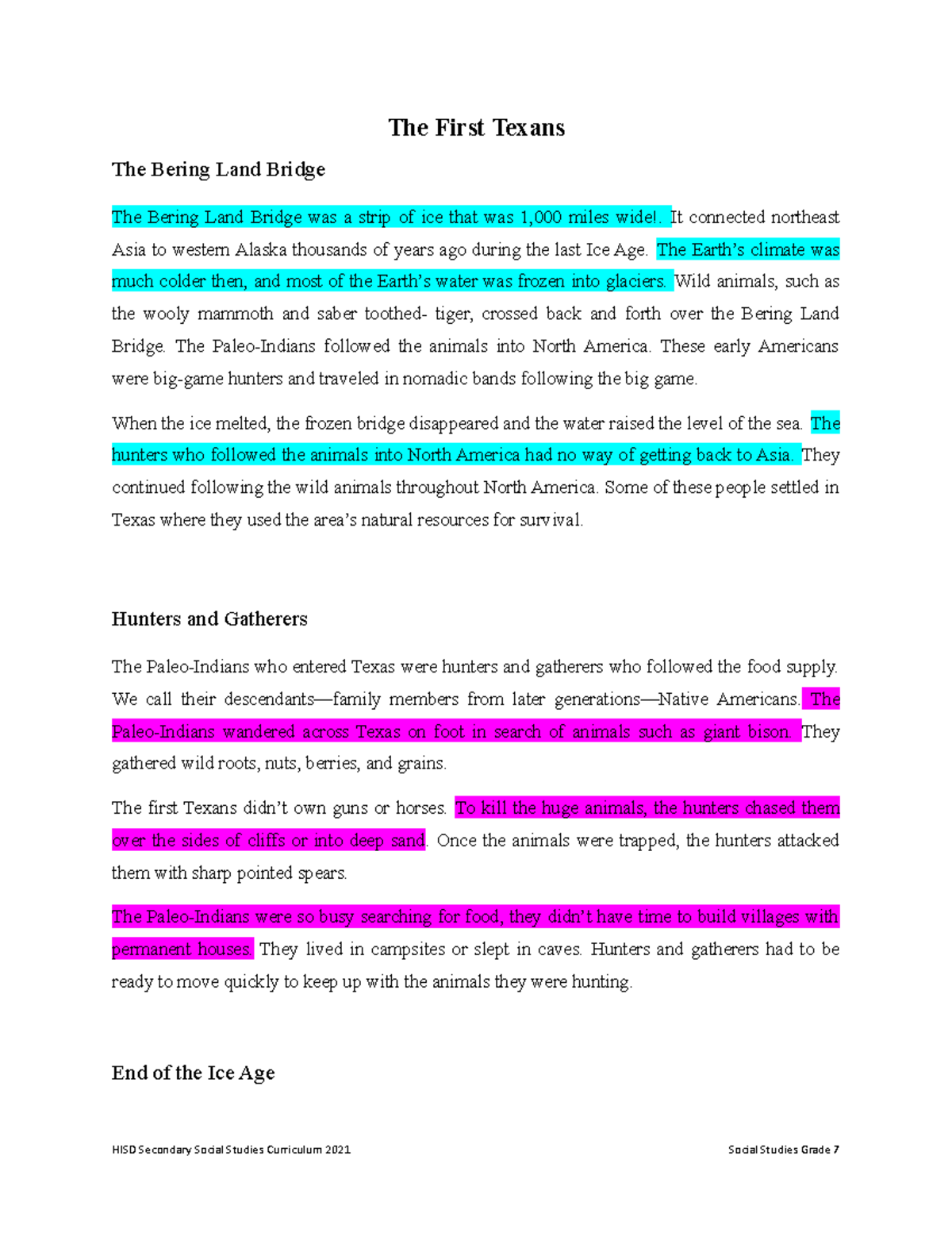 SS7 First Texans reading Unit 3 (1) Bering Land Bridge - The First ...