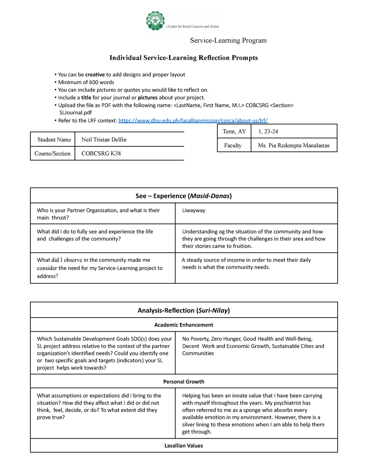 Delfin SL Reflection - Summary Accounting 2 - Service-Learning Program ...