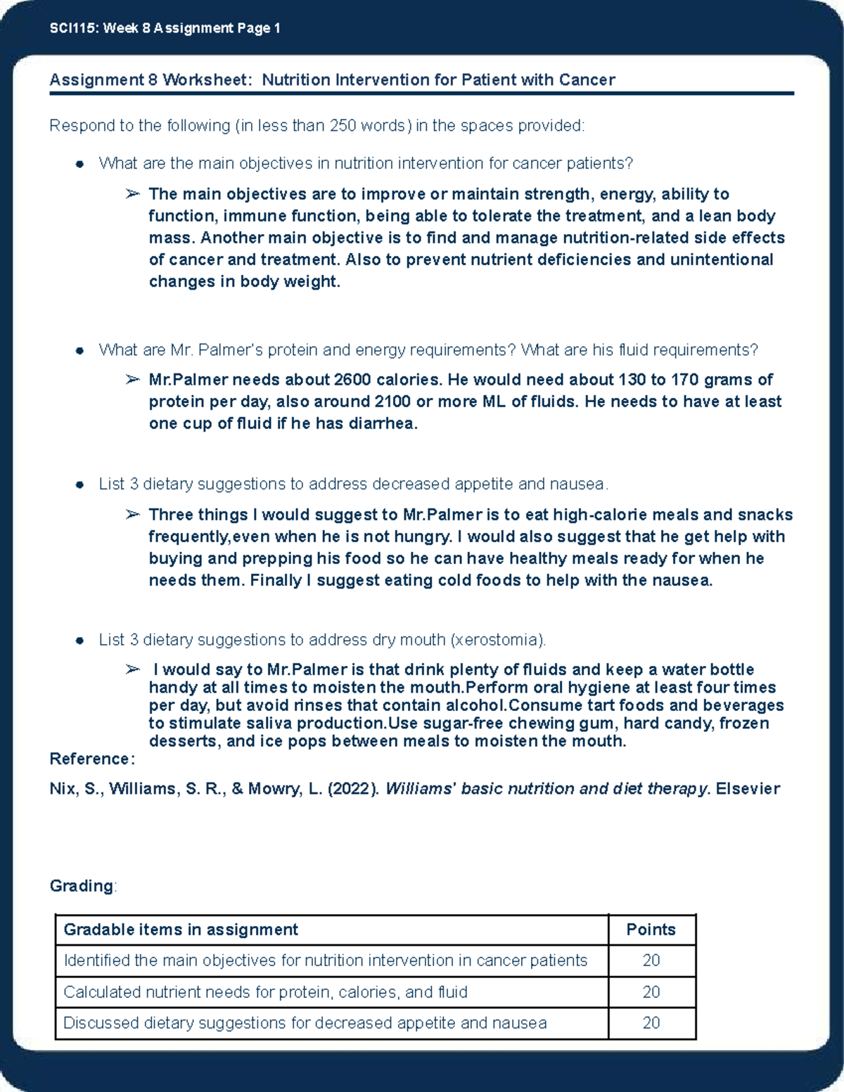 week 8 assignment worksheet nutrition intervention for patient with cancer