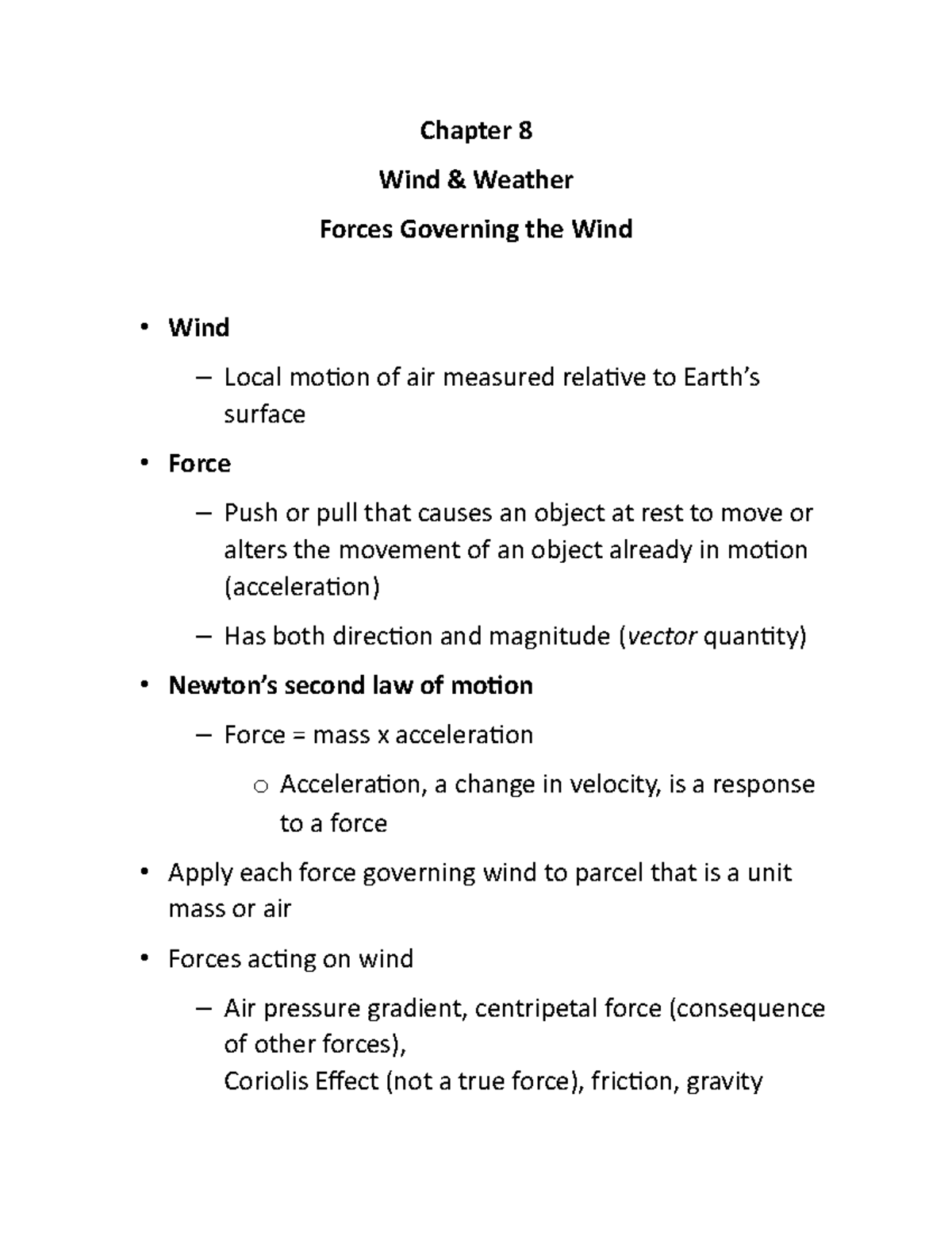 Introductiontoatmosphericsciencechapter 8notes(1) - Chapter 8 Wind ...