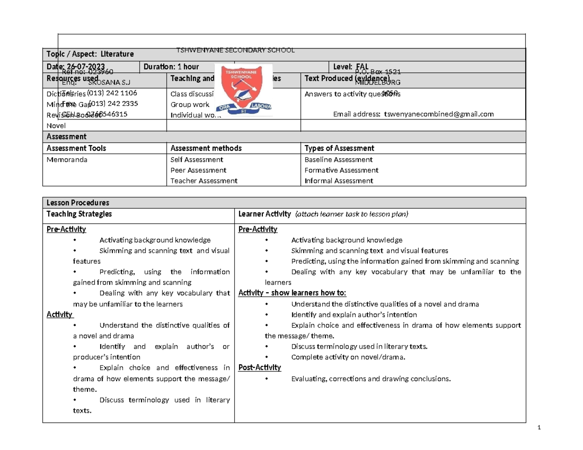 English FAL Grade 11 Literature - Topic / Aspect: Literature Date: 26 ...