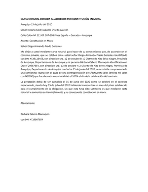 Carta notarial de constitución en mora - CARTA NOTARIAL DIRIGIDA AL  ACREEDOR POR CONSTITUCIÓN EN - Studocu