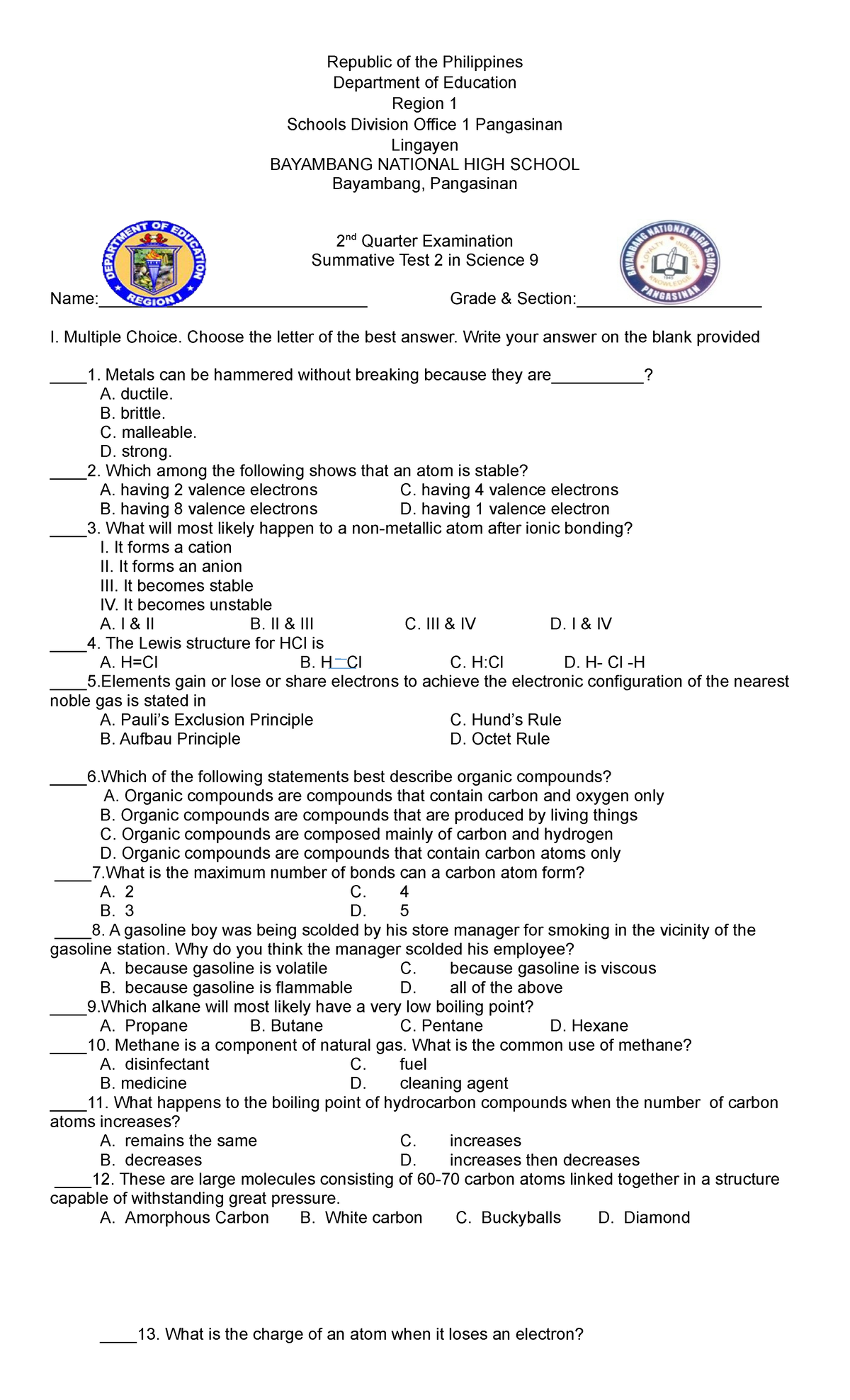 2nd Q Summative Test 2 2022 - Republic of the Philippines Department of ...