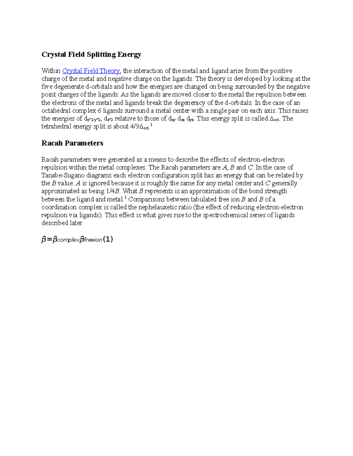 Crystal Field Splitting Energy Crystal Field Splitting Energy Within