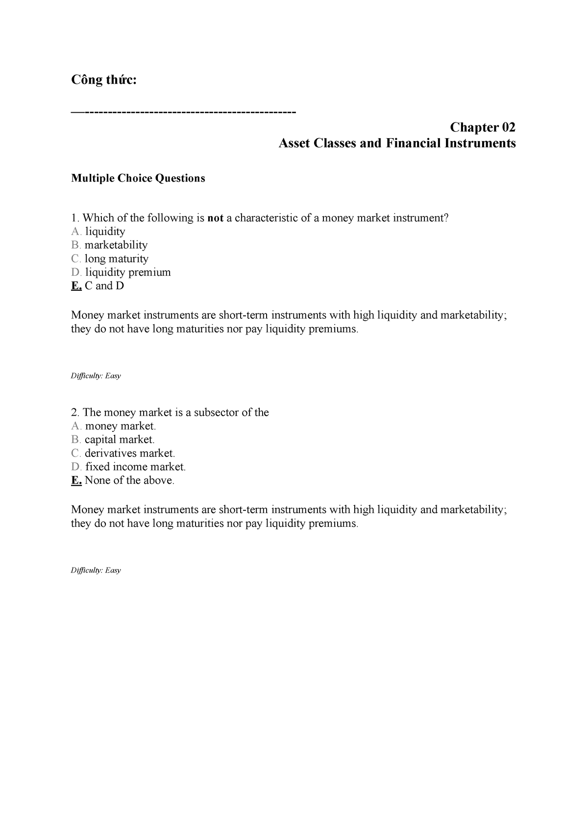 Test Bank Chapter 2,3,5,7 - Công Thức: —- Chapter 02 Asset Classes And ...