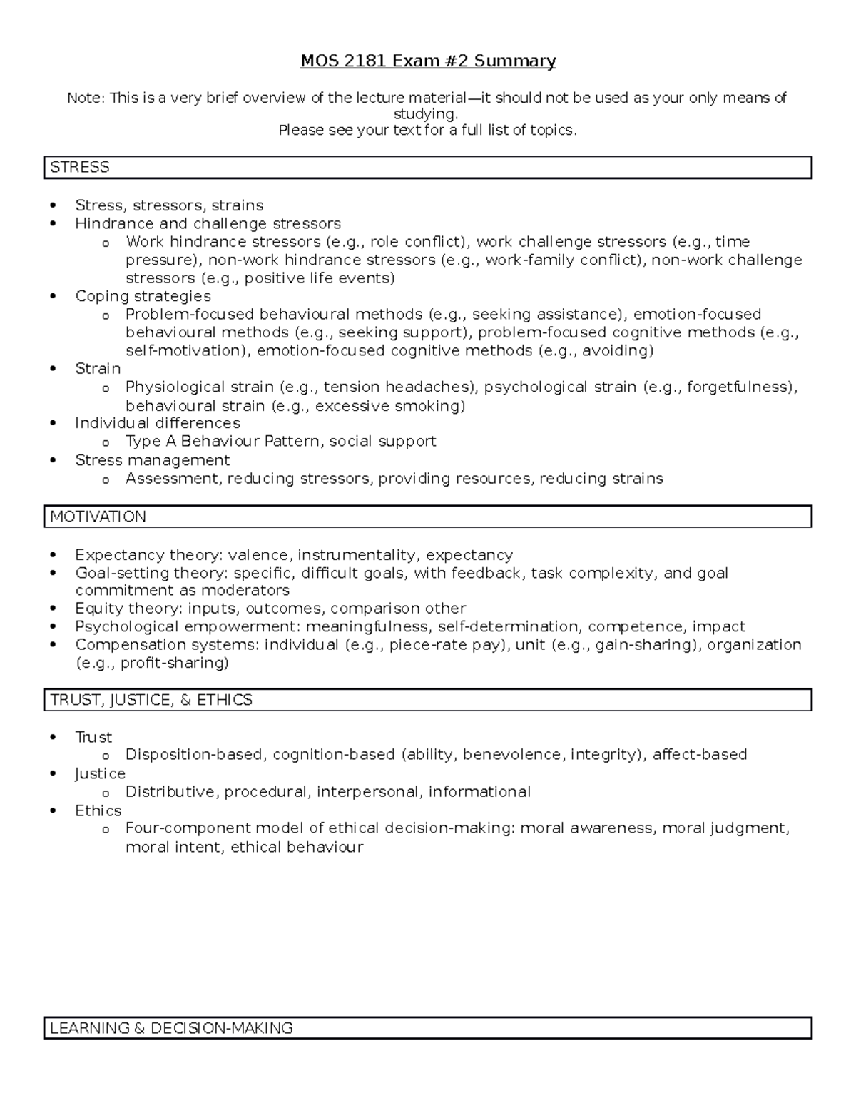 MOS 2181B Winter 2022 Exam 2 Summary - MOS 2181 Exam #2 Summary Note ...