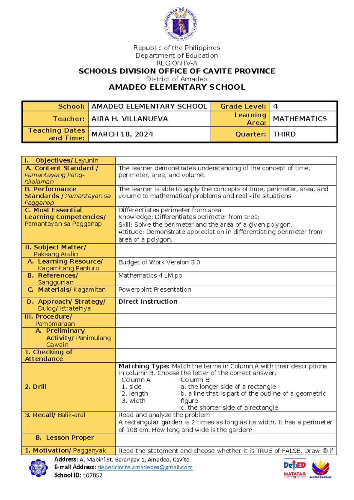 M Athematics 4 DLP Q3W8 DAY 1 - Republic of the Philippines Department ...