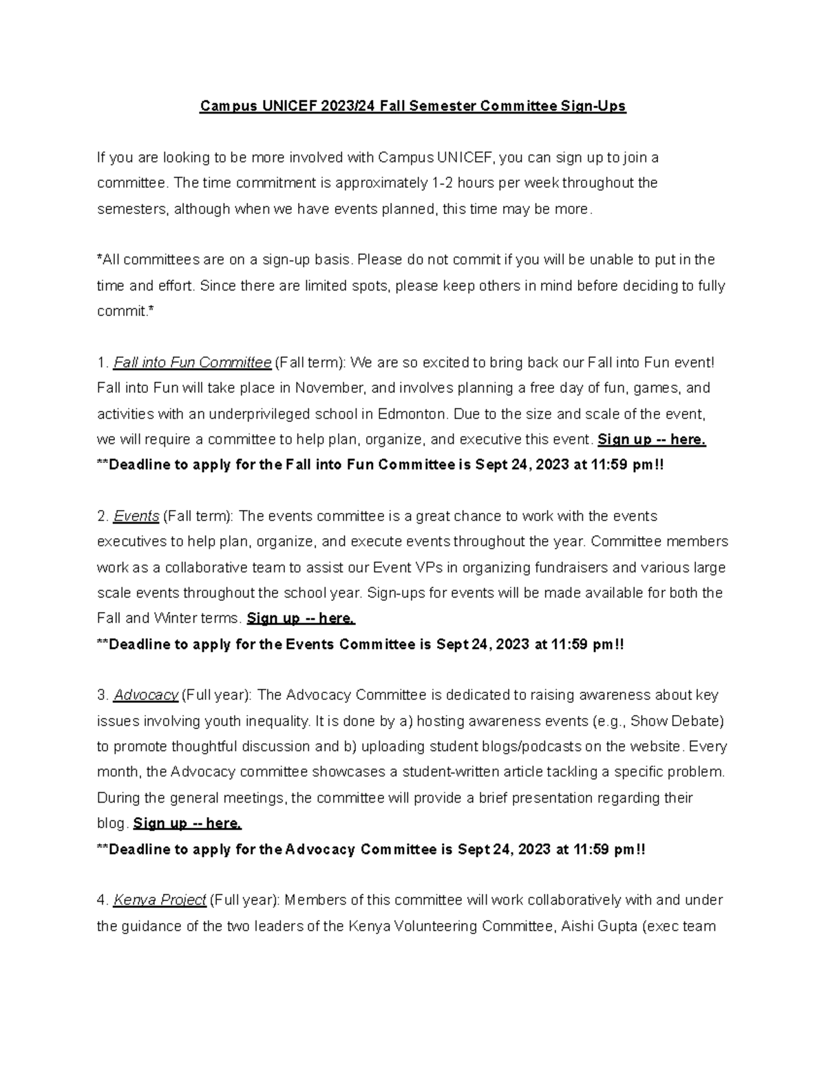 Campus Unicef 2023 24 Committee Sign-Ups - Campus UNICEF 2023/24 Fall ...