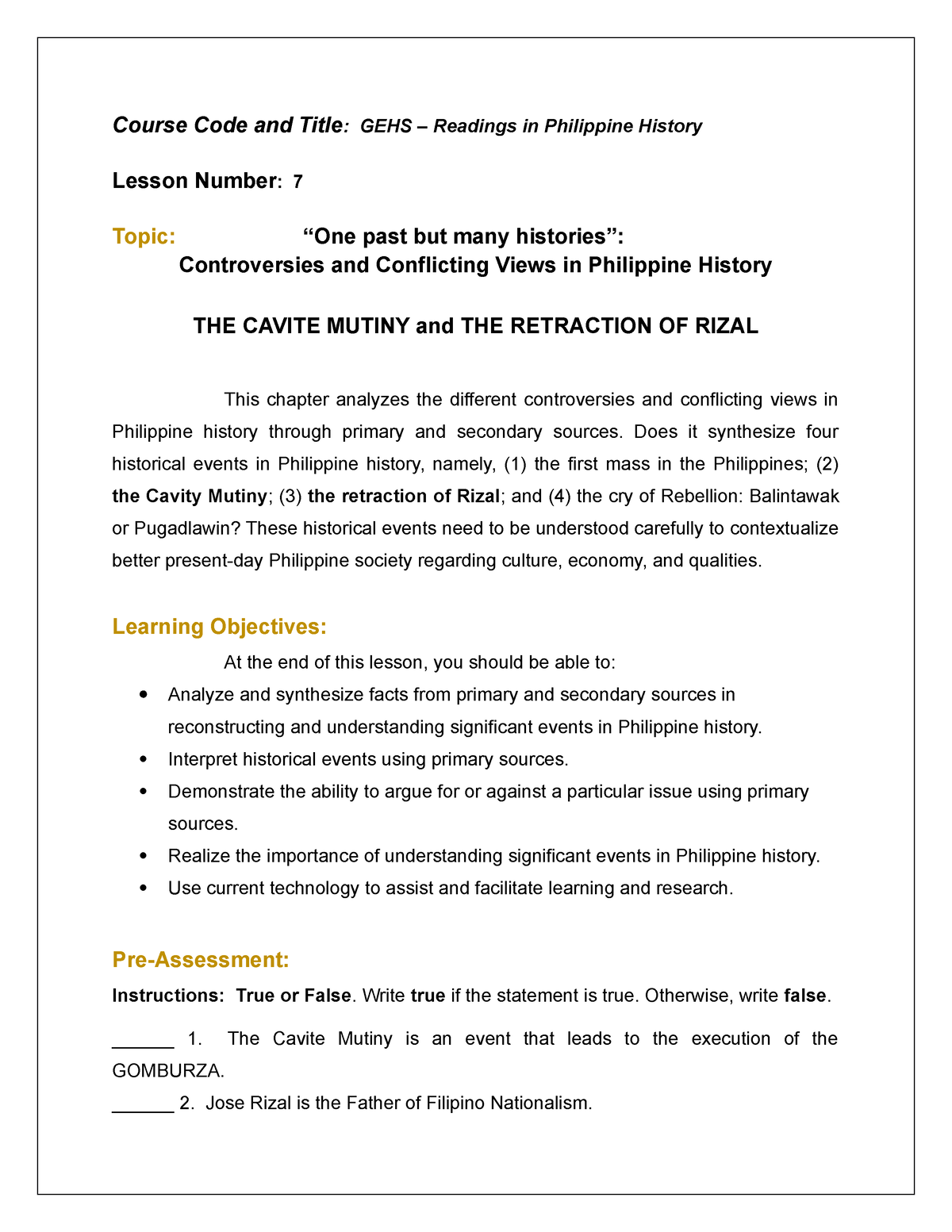 L7-Readingsin Philippine History - Course Code and Title: GEHS ...