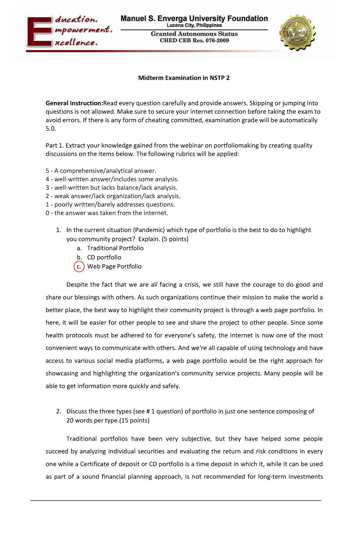 NSTP EXAMINATION - Midterm Examination In NSTP 2 General Instruction ...