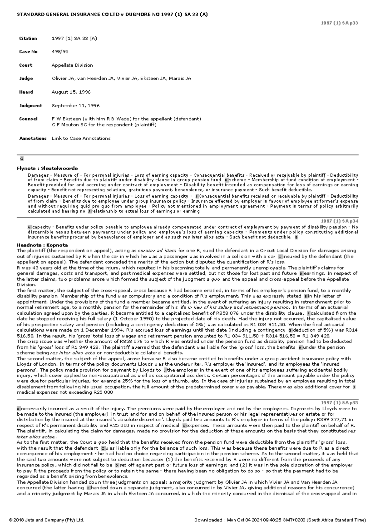 Standard General Insurance Co Ltd v Dugmore NO+997+28129+SA 33+28A