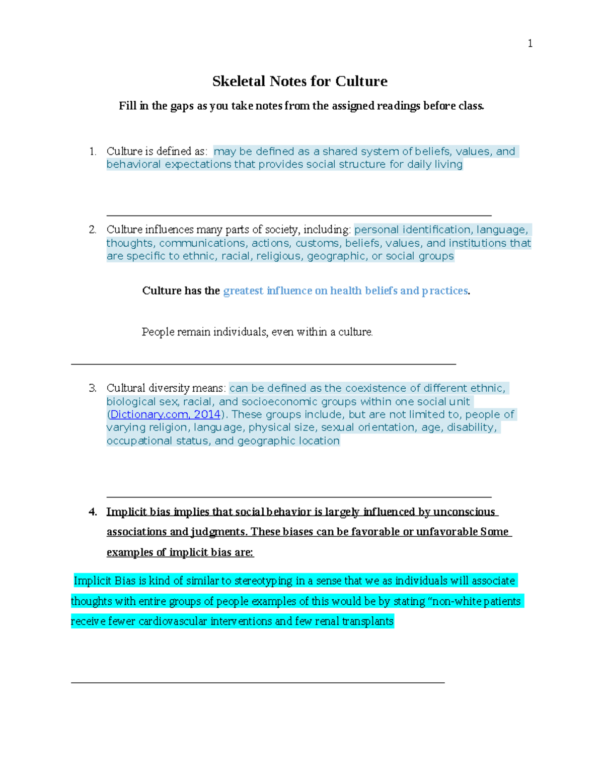 Skeletal Notes for main culture - Skeletal Notes for Culture Fill in ...