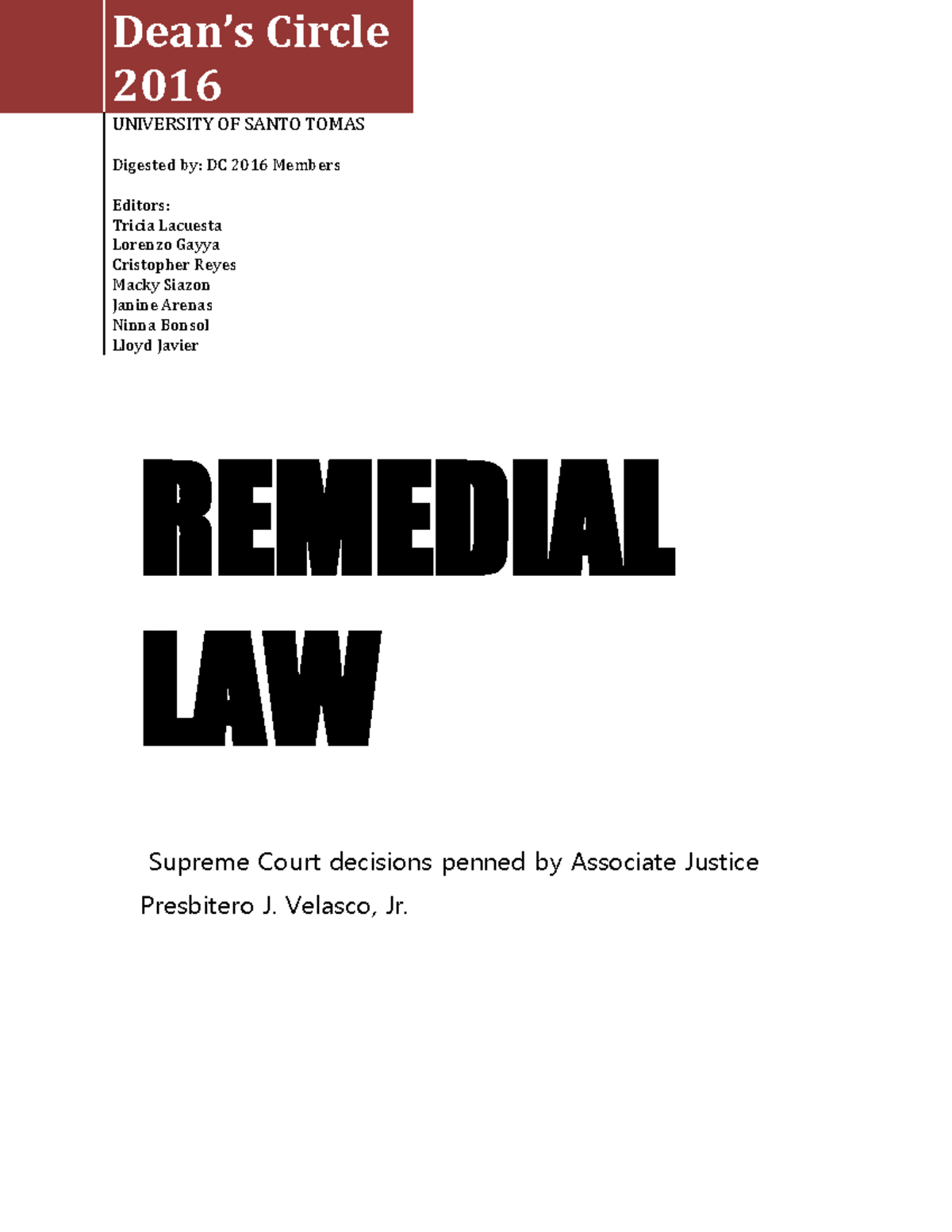 Supreme Court Decisions (Velasco, Remedial Law) - Dean’s Circle 2016 ...