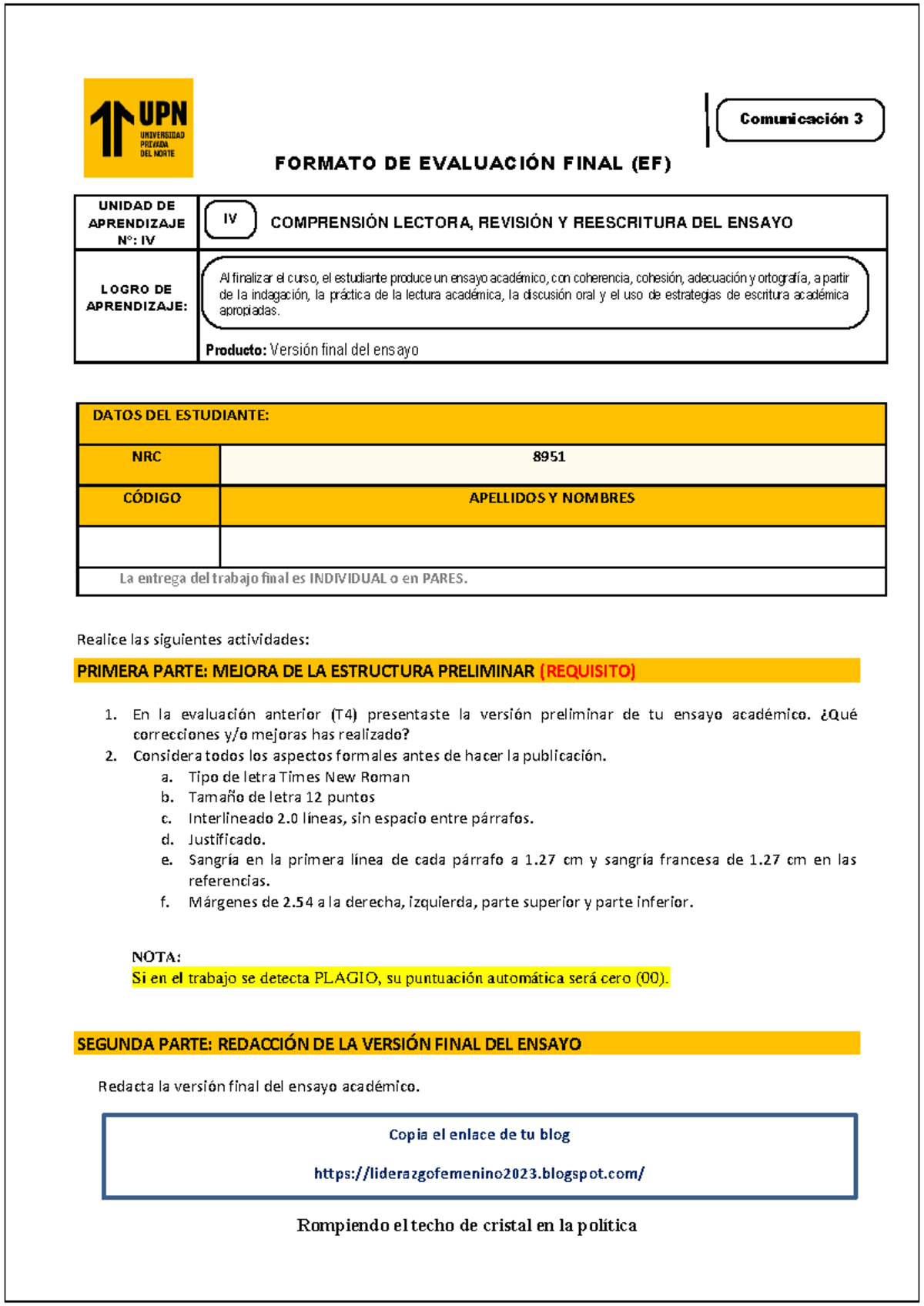 Formato Y Rúbrica Del EF - FORMATO DE EVALUACIÓN FINAL (EF) UNIDAD DE ...