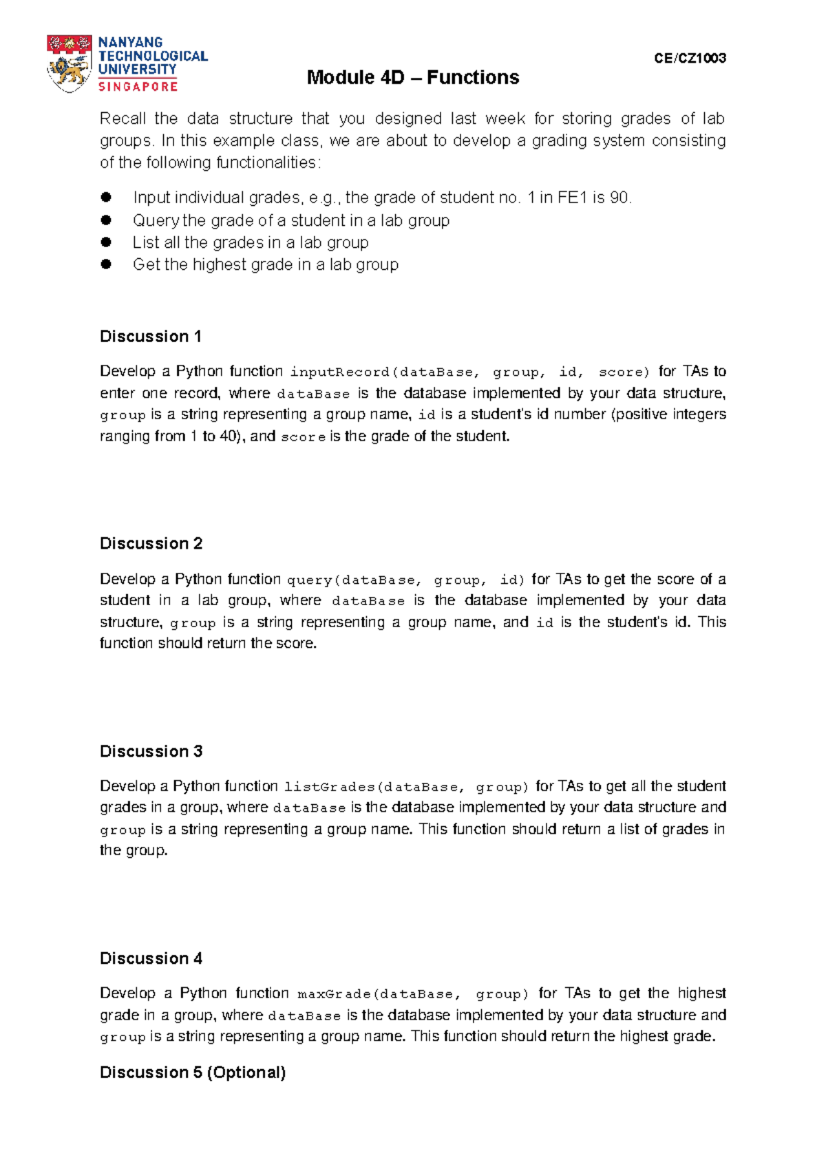 CECZ1003 Discussion (Module 4D-Functions) Q - Module 4D – Functions ...