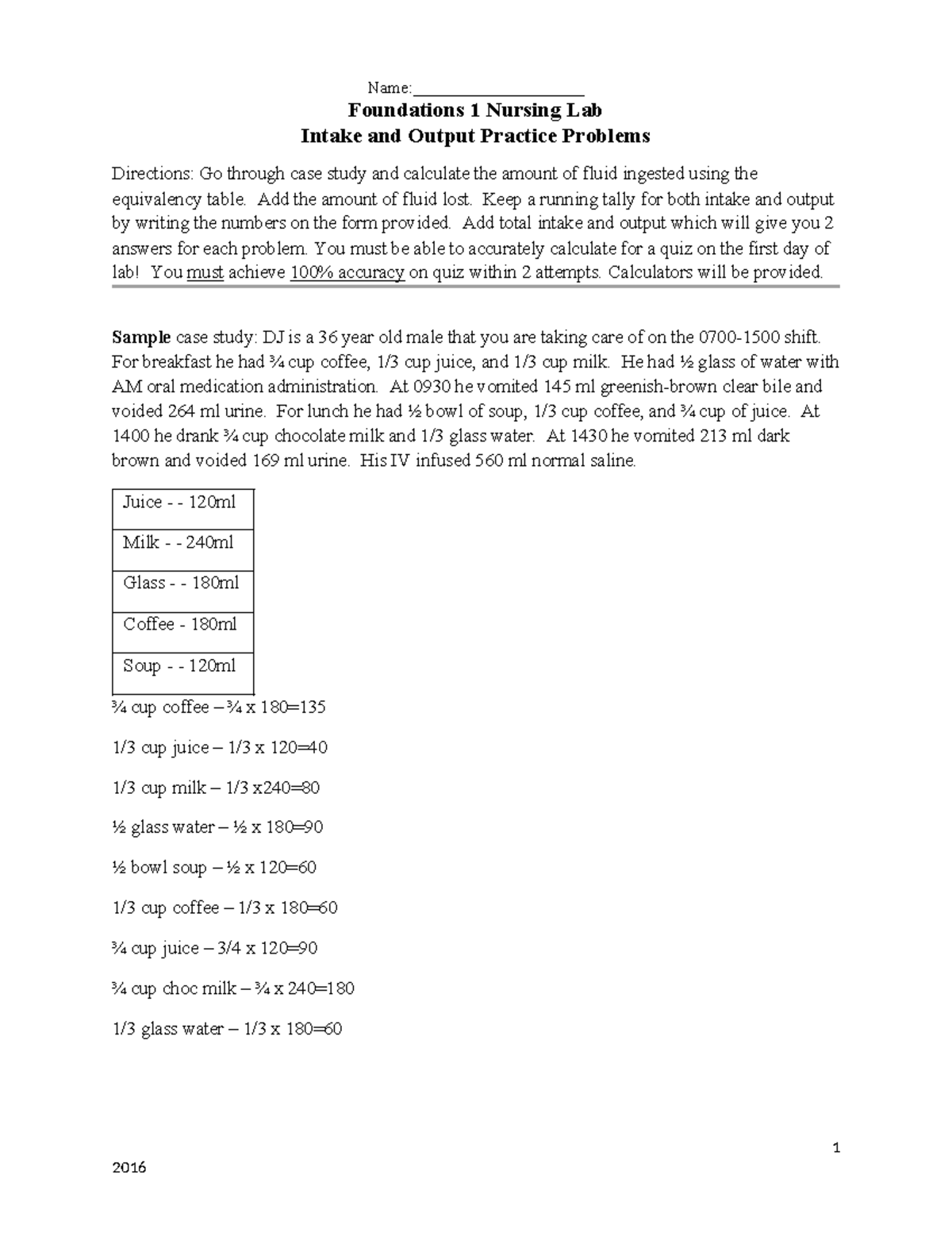 FN1 Lab Handout Intake Output Practice Problems - Foundations 1 Nursing ...