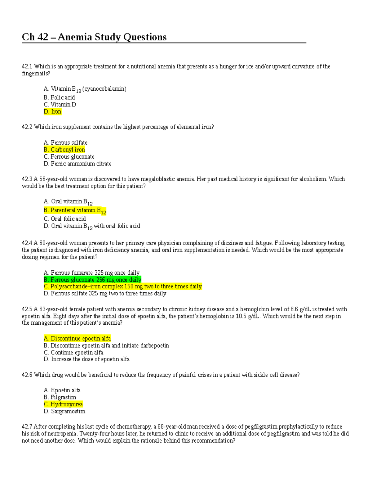 N550 Ch 42 Study Questions - Ch 42 – Anemia Study Questions 42 Which is ...