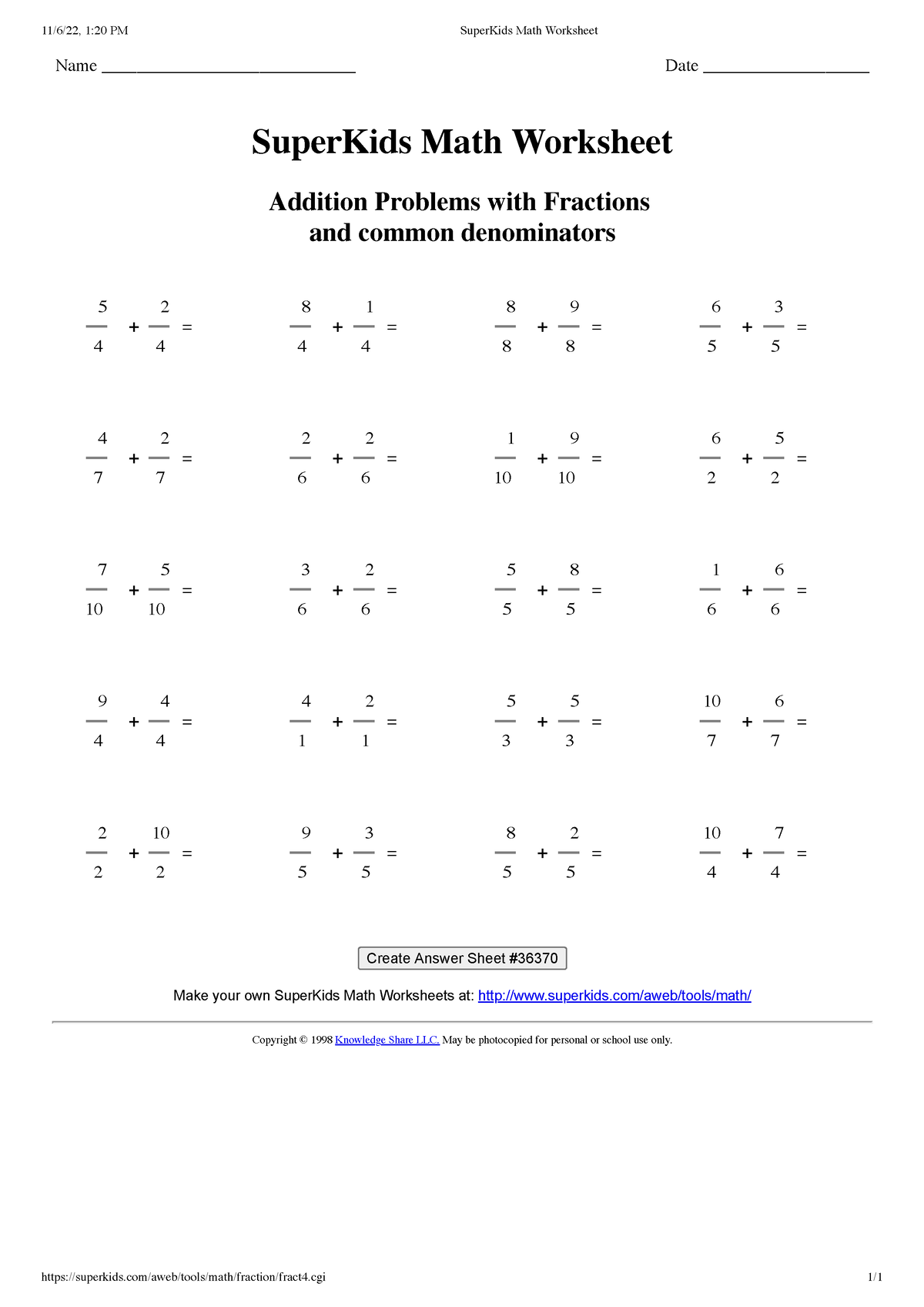 Addition Problems With Fractions And Common Denominators 11 6 22 1 20 PM SuperKids Math