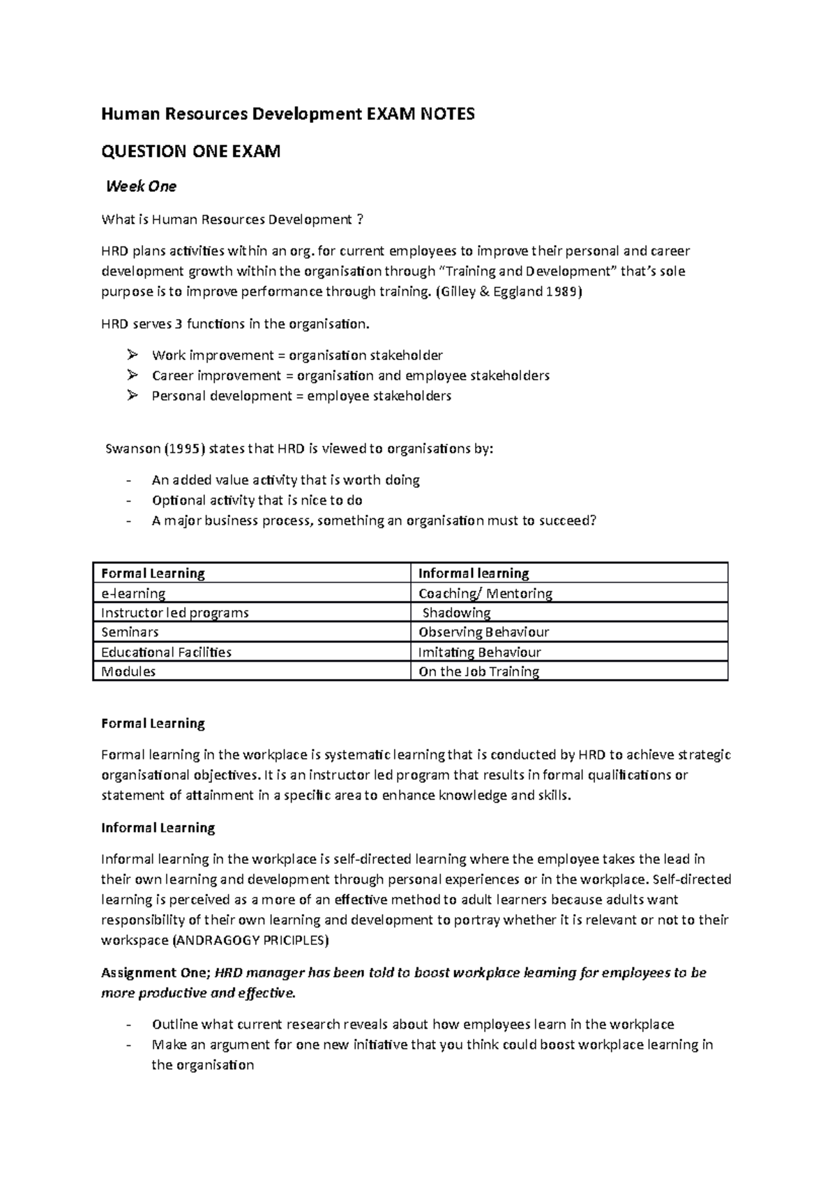 EXAM Notes Human Resources Development EXAM NOTES QUESTION ONE EXAM