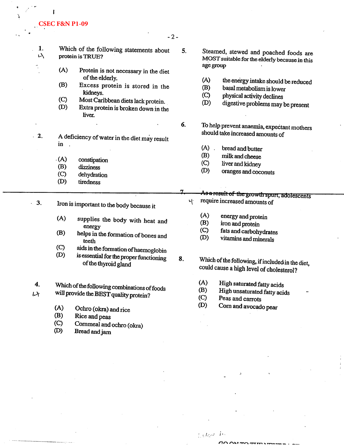 Csec Fn P1 09 Csec Food Nutrition And Health T I 2 T Which Of The Following