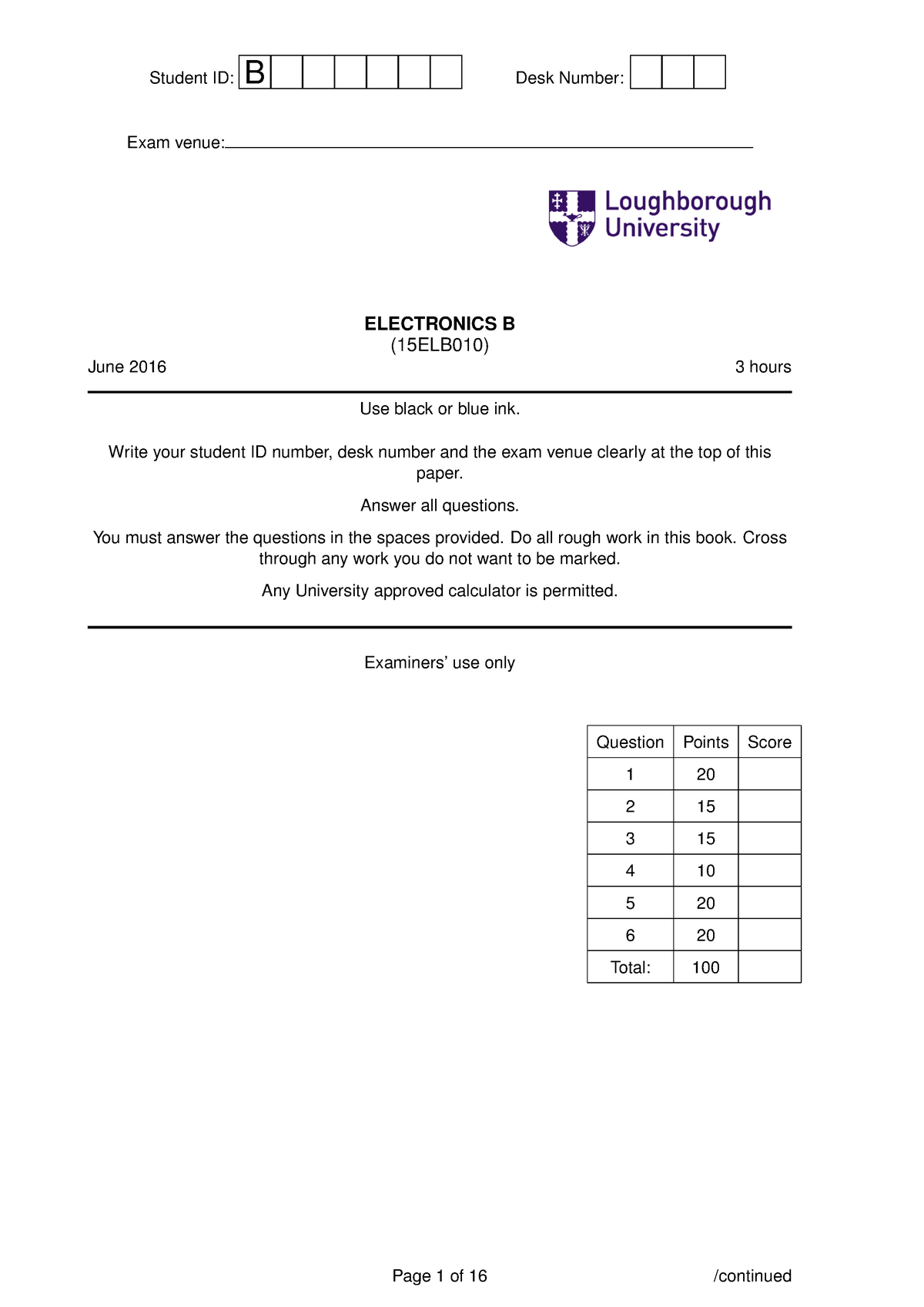 Electronics B Exam Questions - Student ID: B Desk Number: Exam Venue ...