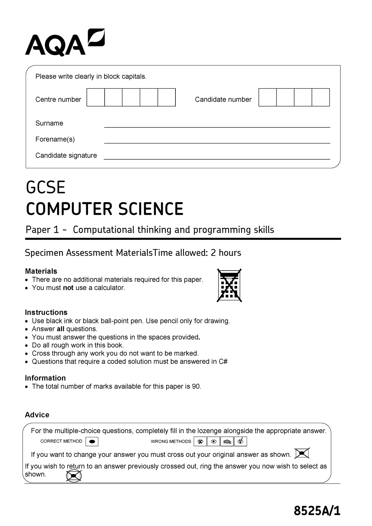 Computer science worksheet - 8525A/ Specimen Assessment MaterialsTime ...