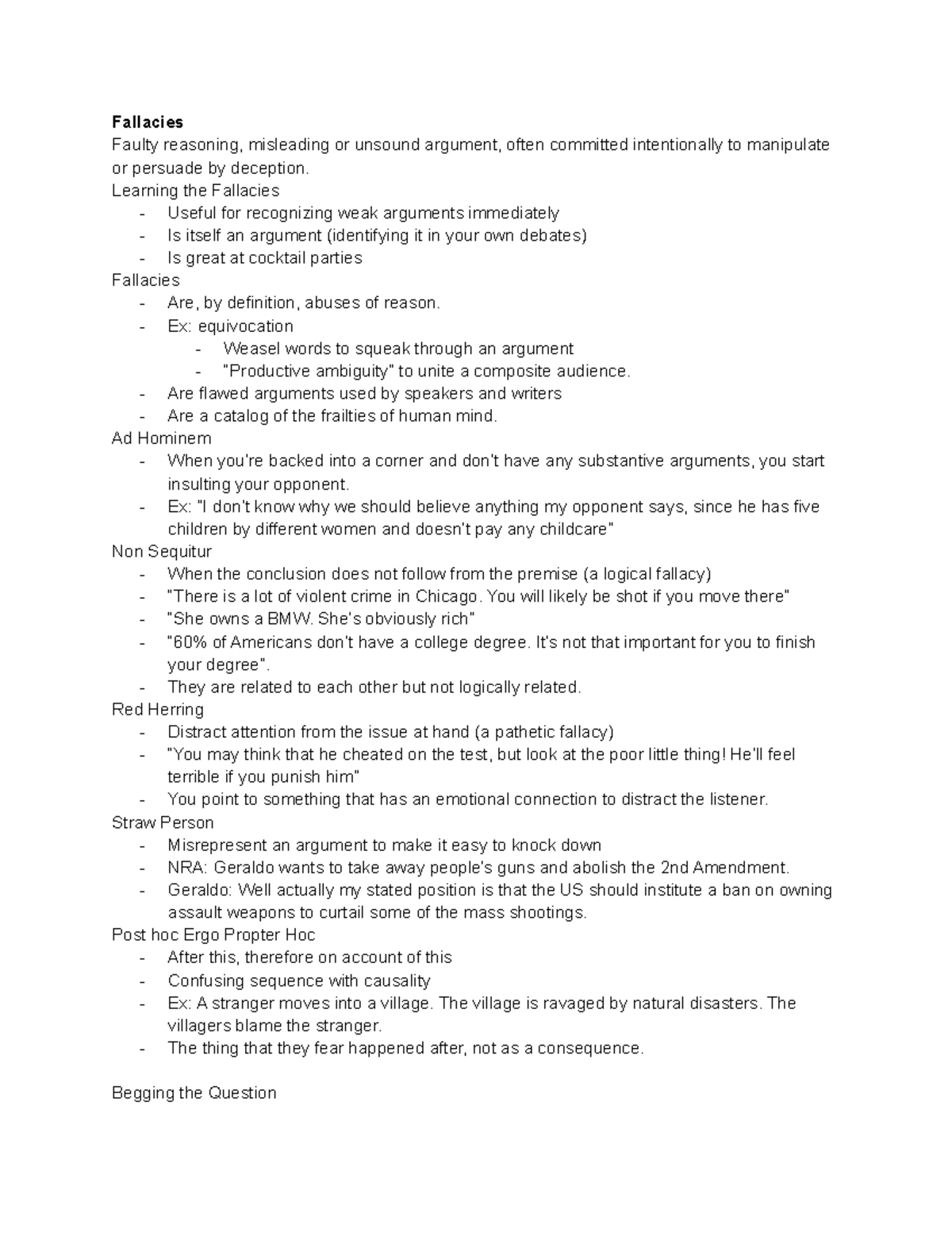 Fallacies - Lecture notes 11 - Fallacies Faulty reasoning, misleading ...