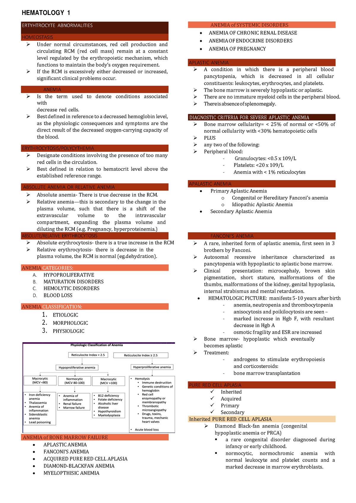 Hematology - Hematology 1 Aplastic Anemia Apalastic Anemia Pure Red 