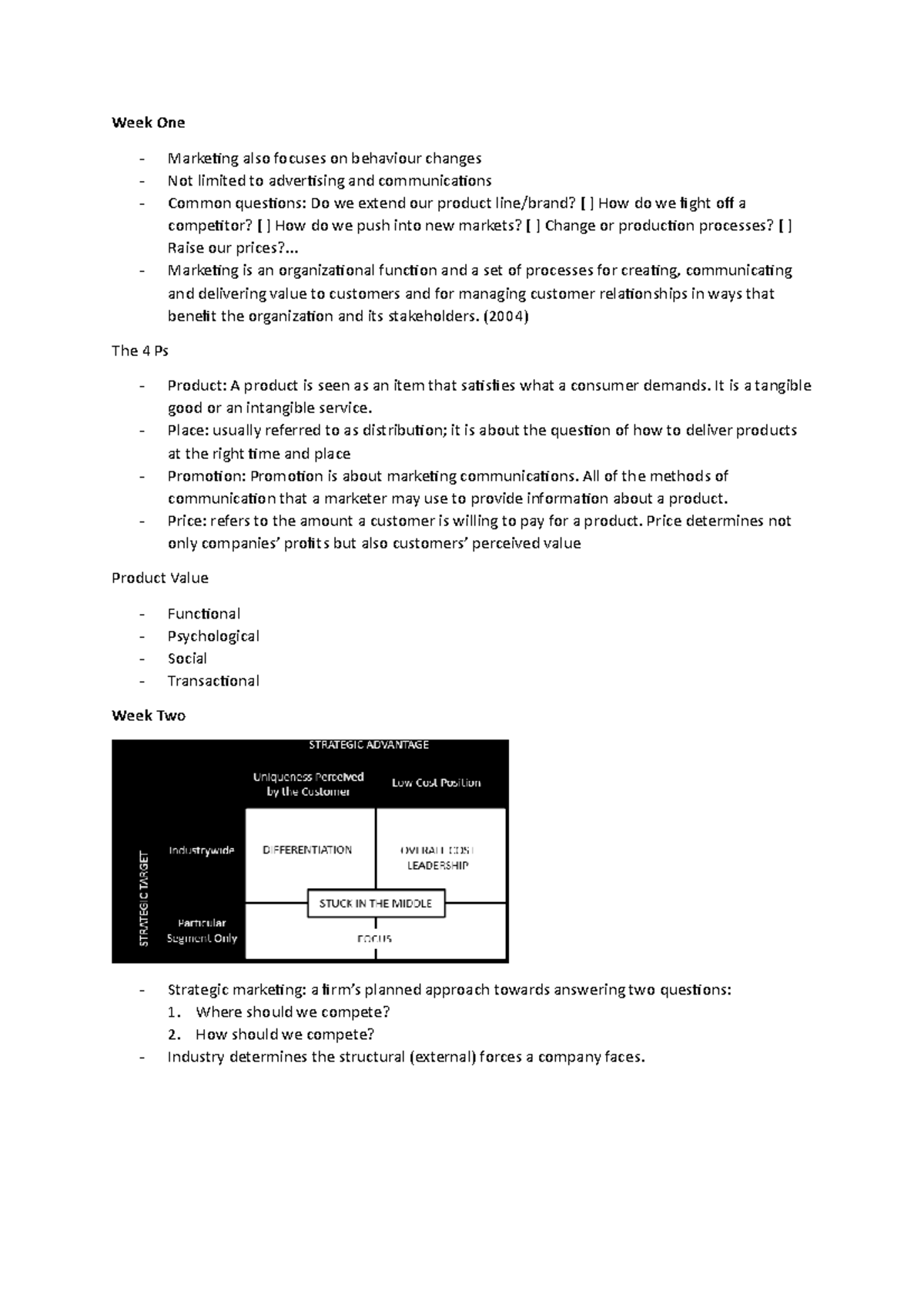 Week One - Lecture notes 1-12 - Week One Marketing also focuses on ...