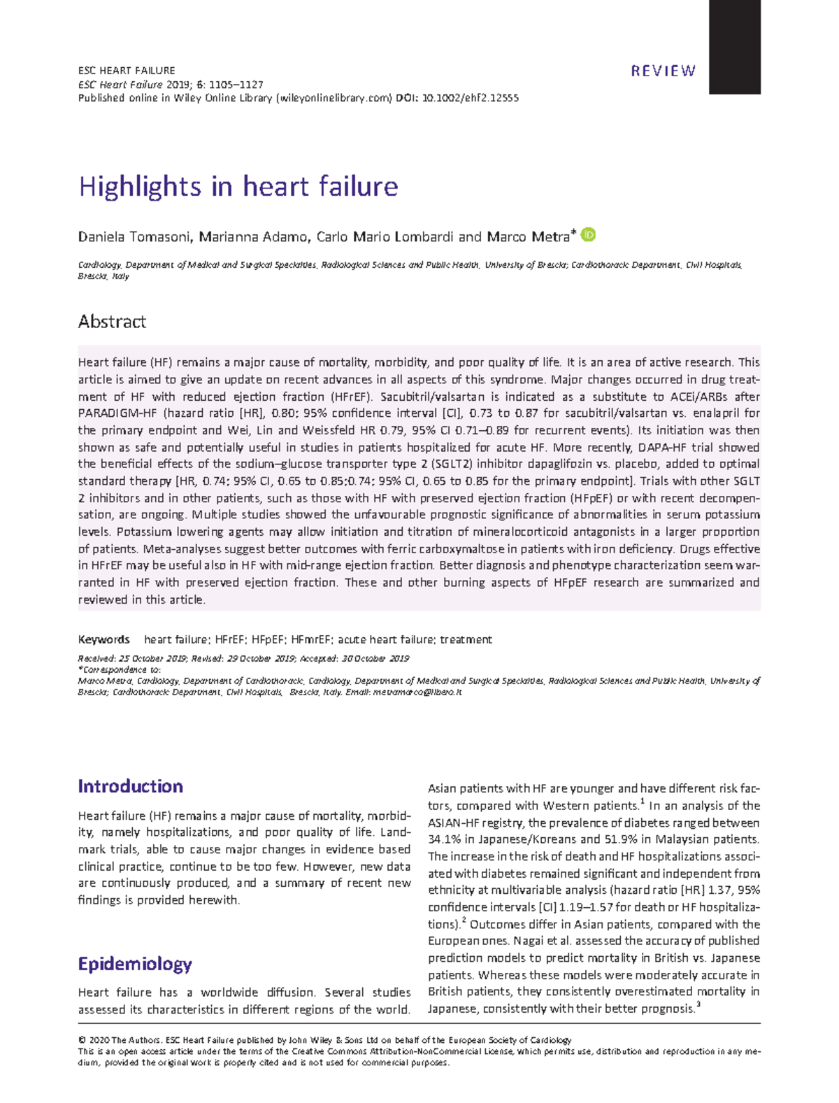 ESC Heart Failure 2020 Tomasoni Highlights in heart failure Highlights in heart failure