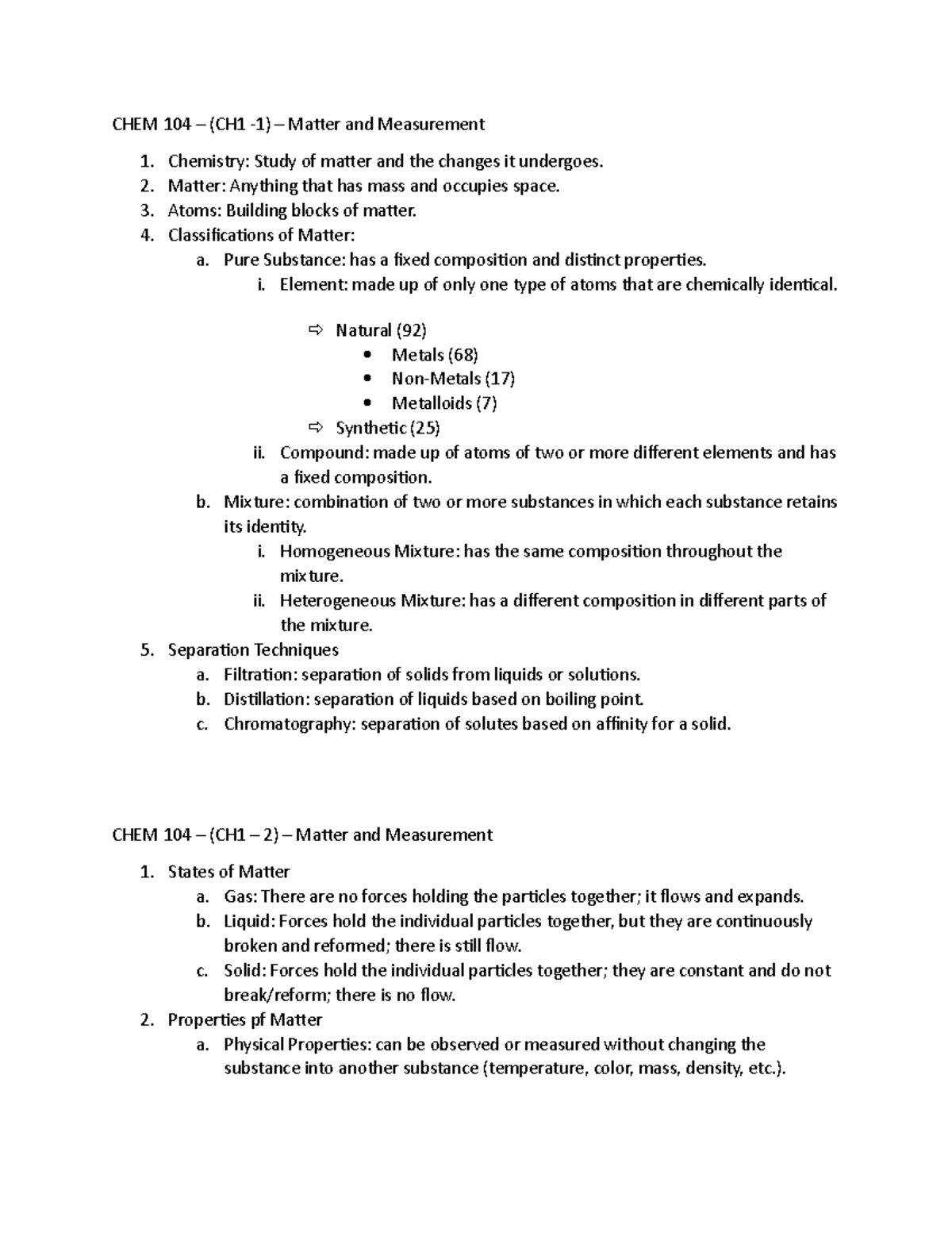 CHEM 104 Class Notes - CHEM 104 – (CH1 -1) – Matter and Measurement 1 ...