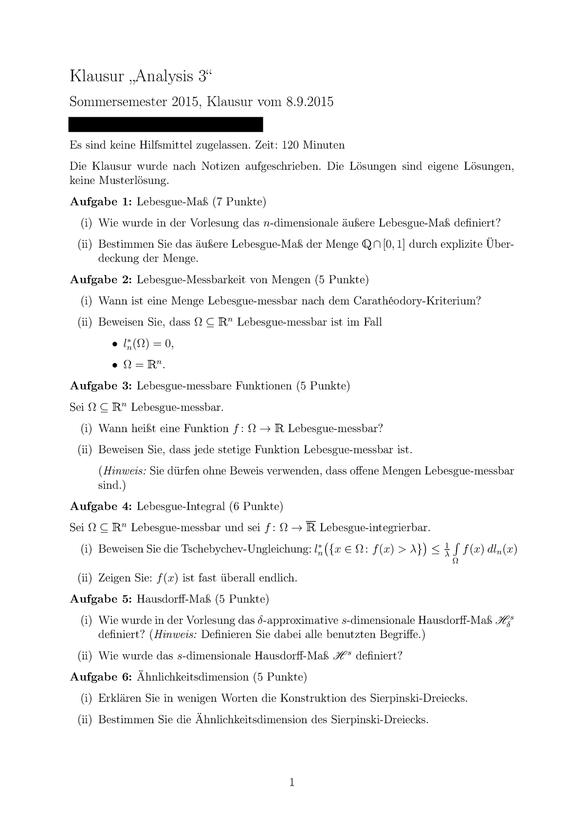 Ana3 Ss15 - Altklausur Analysis - Klausur „Analysis 3“ Sommersemester ...