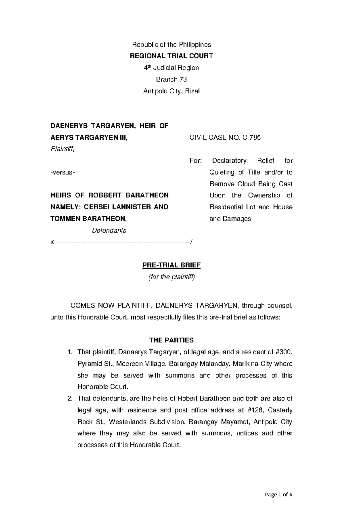 Pre-trial brief 1 - Republic of the Philippines REGIONAL TRIAL COURT 4 ...