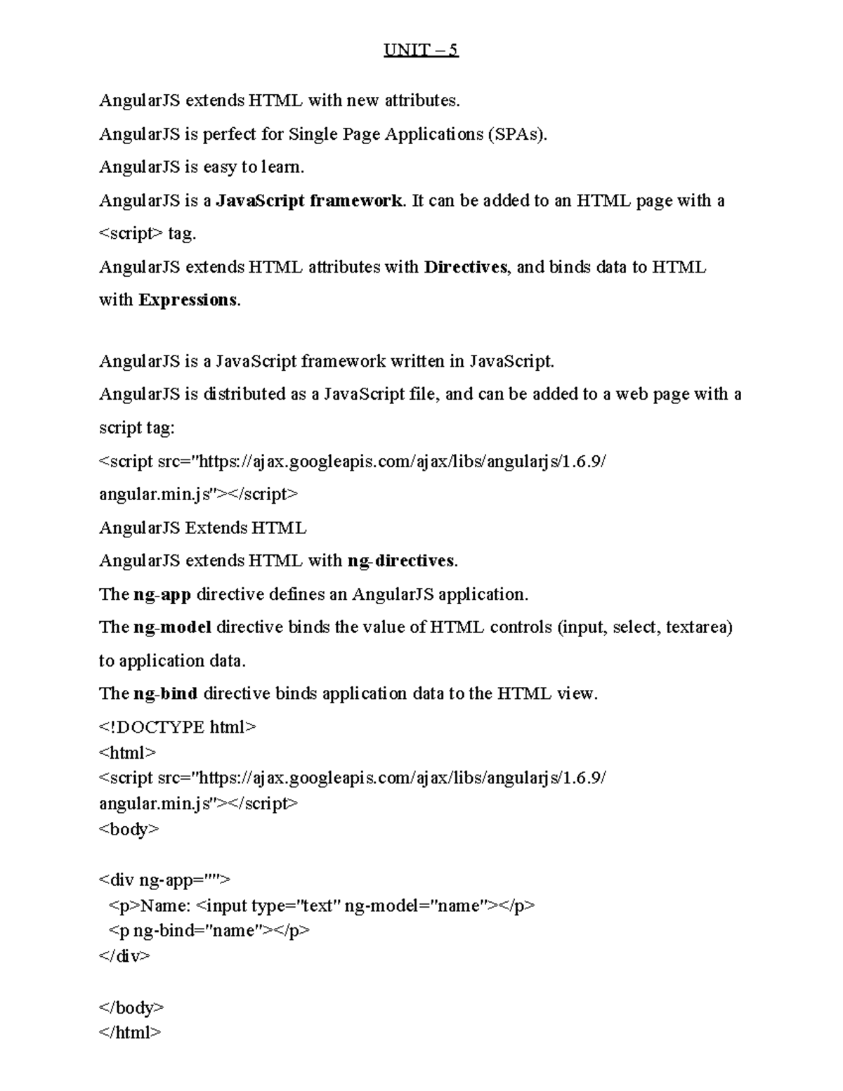 Unit5 - UNIT 5 LECTURE NOTES - UNIT – 5 AngularJS extends HTML with new ...