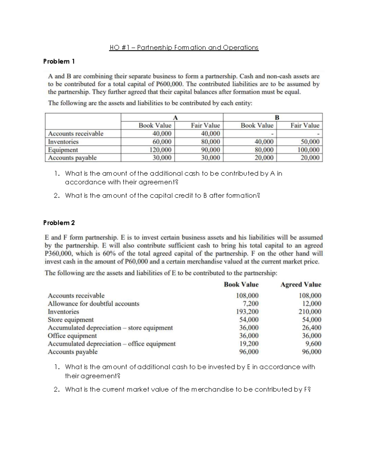 HO #1 - Partnership Formation & Operations - HO #1 – Partnership ...